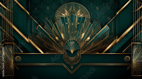 Art Deco vintage gold patterns over dark green, frames and design elements. Retro party geometric background set 1920s style. Vector illustration for glamour party