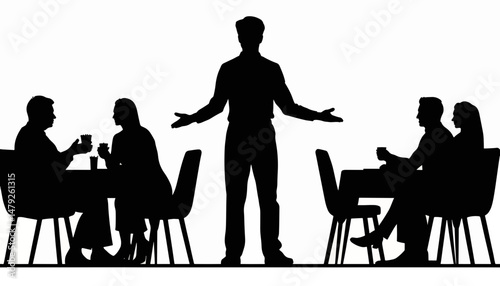 Silhouette of waiter welcoming guests at a restaurant, hospitality concept