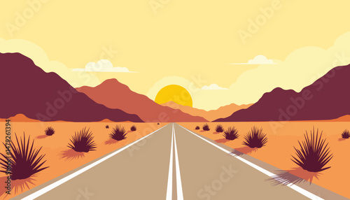 Desert road leading to sunset over mountains, vibrant serenity