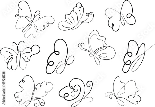 Collection of Ten Elegant Butterfly Line Art Designs Perfect for Invitations and Decorations
