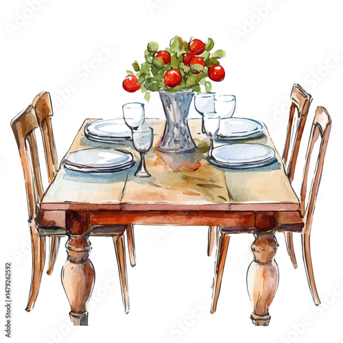 Dining Table, watercolor vector, isolated on a white background.