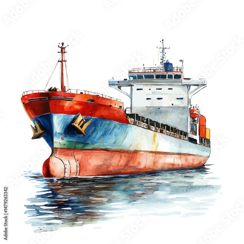 watercolor of Cargo Ship, isolated on a white background.