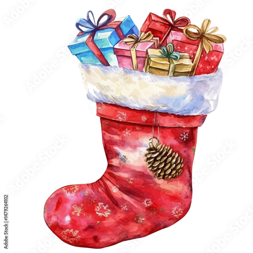 Christmas Stocking With Gifts, watercolor illustration, isolated on a white background.