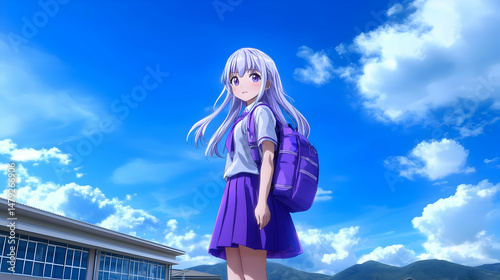 Anime Schoolgirl with Purple Backpack under Bright Sky