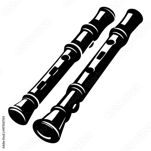 Stylized Image of Two Recorders, Black and White Music Instruments