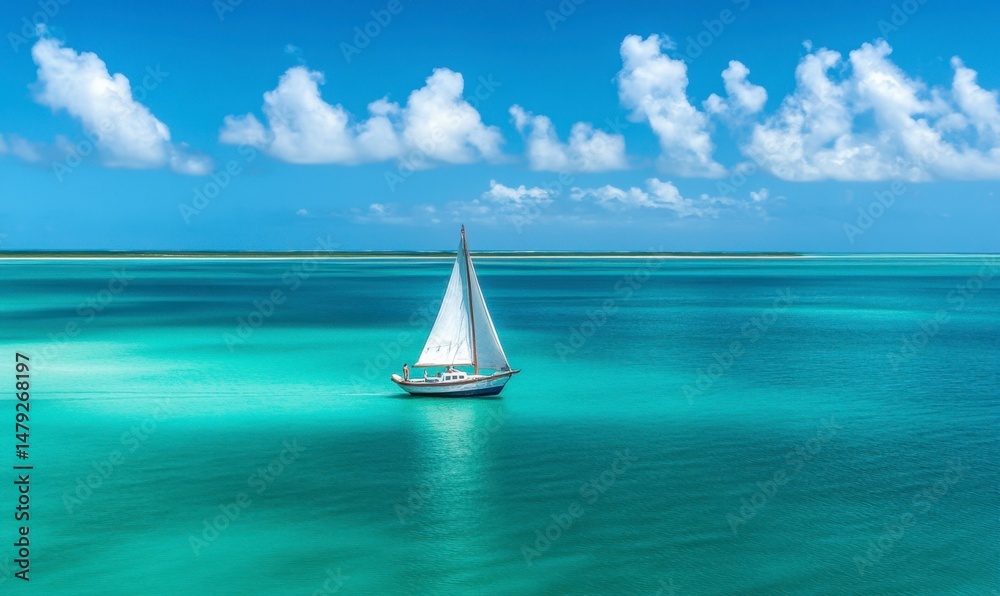 Obraz premium Tranquil Sailboat on Serene Aquamarine Waters Under Bright Sky