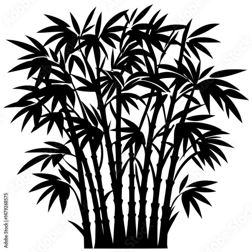 Elegant black silhouette of lush bamboo plants, creating a dense thicket