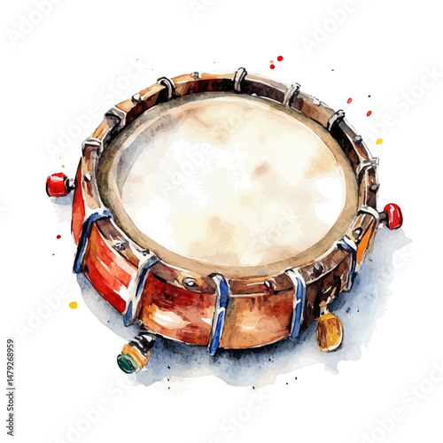 watercolor vector of Tambourine, isolated on a white background.