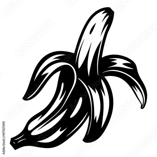 Black and white vector illustration of a peeled banana with peel