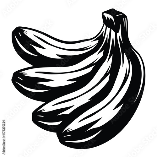 Black and white illustration of a bunch of bananas on white background