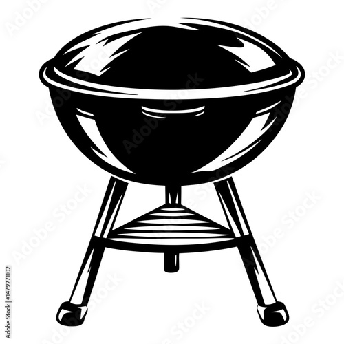 Monochrome depiction of a classic charcoal grill with a lid and stand