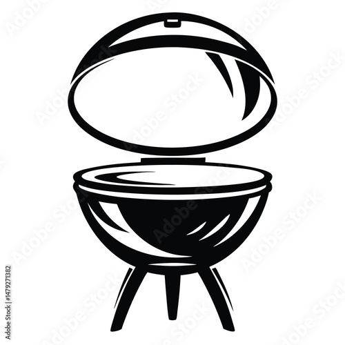 A stylized vector graphic representation of a round open charcoal grill with lid