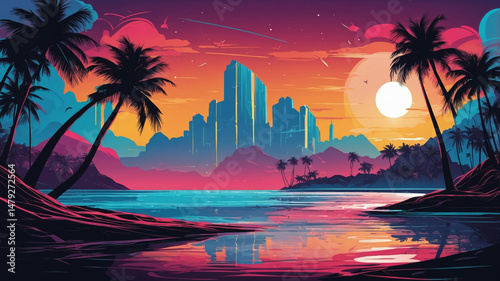 A stunning tropical landscape with palm trees and city silhouettes during a vivid sunset over the ocean.