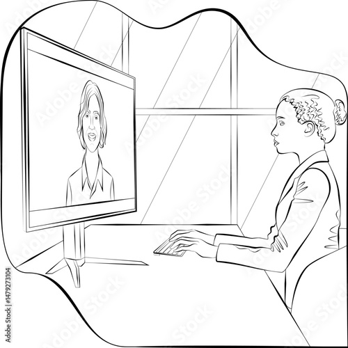 Businesswoman on video call with stakeholder Business talk, growth strategies, and confidence in every decision. Sketch. Vector illustration.