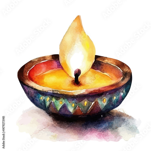 watercolor vector of Diwali Lamp, isolated on a white background.