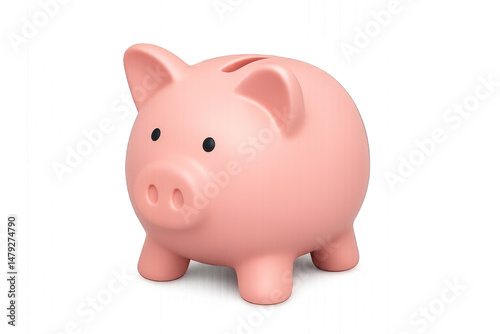 Pink piggy bank with a coin slot, round body, and legs, sitting on a white surface. Isolated on transparent background.