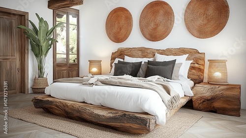 A serene bedroom boasts a large, wooden platform bed,  natural wood wall decor, and neutral color palette.  Light floods the room through a window