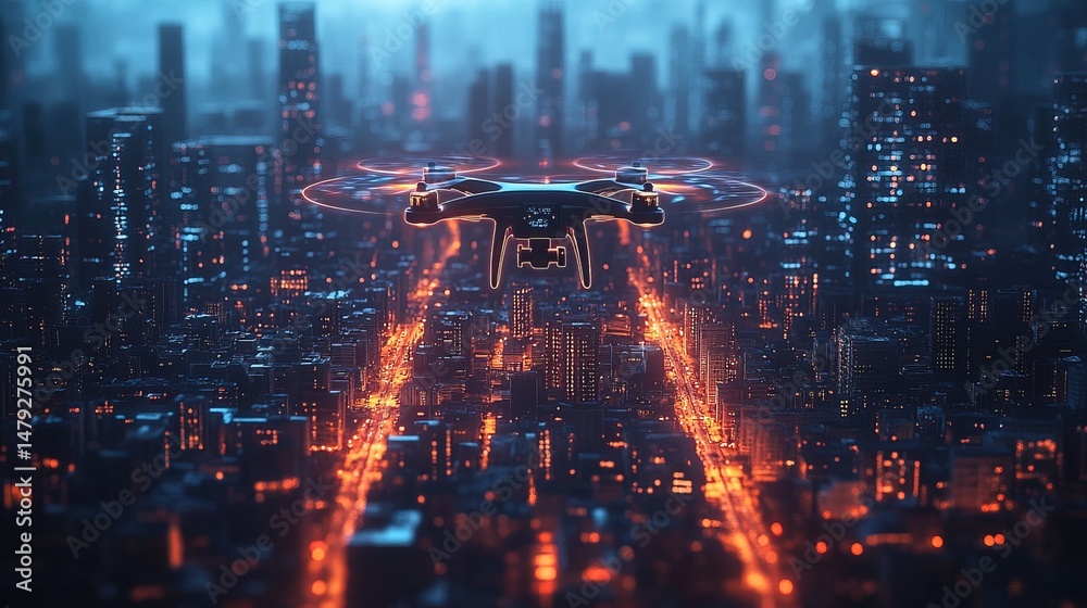 Fototapeta premium A drone scanning a city and creating a live 3D holographic model of the landscape