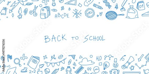 Back to school text frame in doodle style. Hand drawn set of book doodle elements, education symbols. Framework for social networks. Invitation to meetings. Stationery doodles