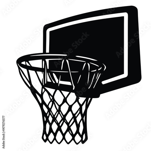 Monochrome image of a basketball hoop with backboard and net