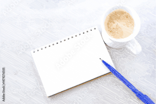 Open Notebook Page with cup of coffee and pen, Vector
