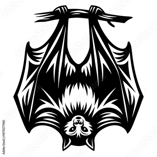 Graphic depiction of a bat hanging upside down in black and white