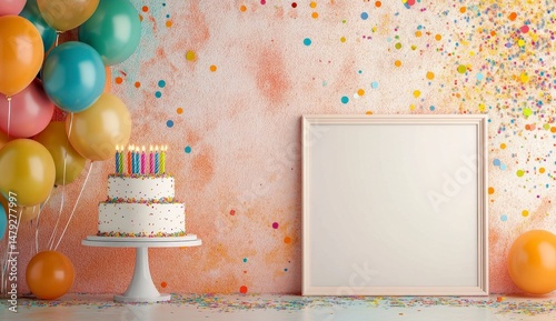 Festive birthday scene with a two tiered cake, colorful balloons, and a blank frame against a confetti splattered background. Perfect for celebratory occasions.