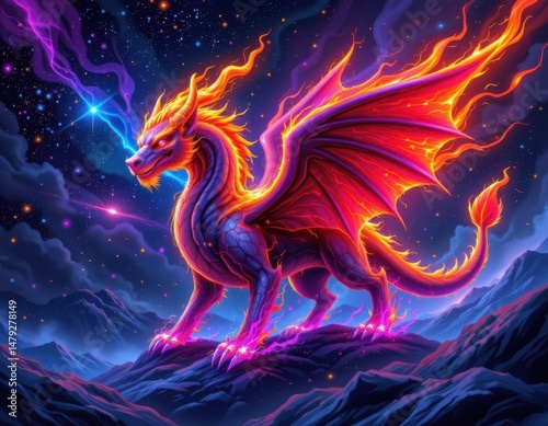 neon glow digital art of a chimera with blazing horns and a whale like tail in a colorful space background photo