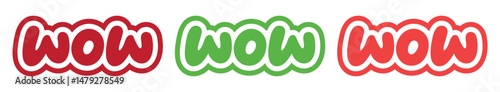 WOW comic style sticker set in three bright color variations for reactions and promotions