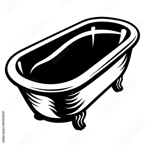 Artistic black and white bathtub illustration with claw feet perspective view