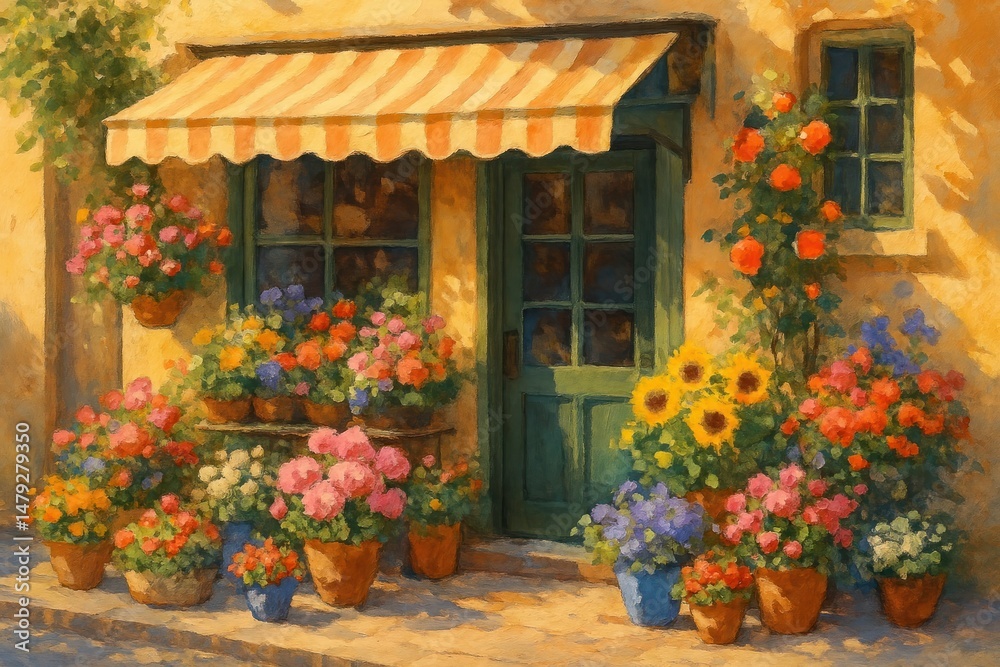 Obraz premium Charming floral storefront illustration.
