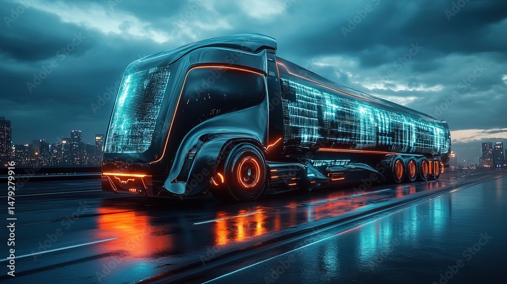 Fototapeta premium A concept futuristic truck with a holographic cargo tracking system 