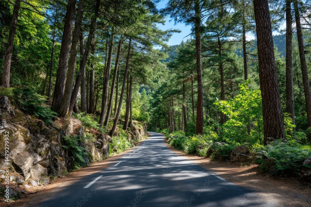 Fototapeta premium An empty asphalt road leading through a dense, vibrant forest