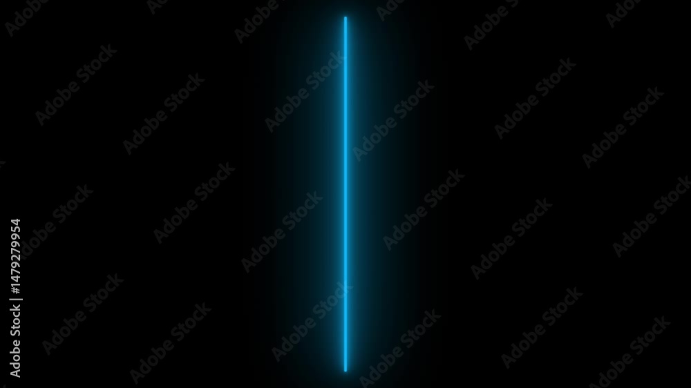 Minimalist animation of glowing vertical blue neon line or light saber effect on isolated black background. Seamless loop for tech, sci-fi, abstract visuals