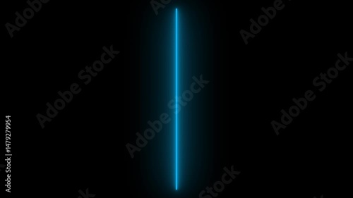 Minimalist animation of glowing vertical blue neon line or light saber effect on isolated black background. Seamless loop for tech, sci-fi, abstract visuals