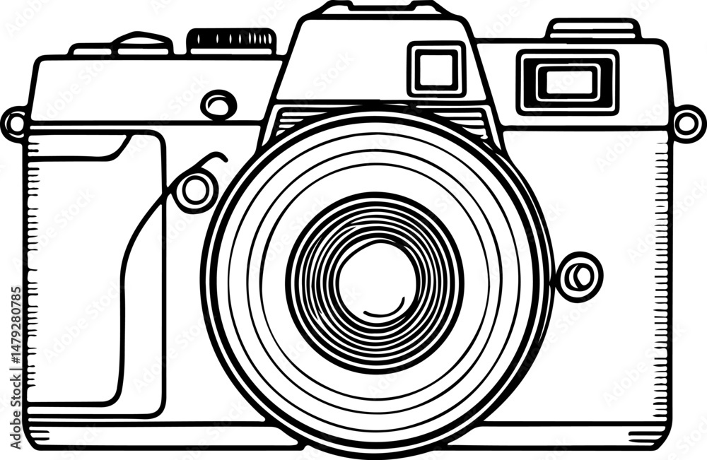 A detailed black and white line drawing of a classic single-lens reflex (SLR) camera with its lens, viewfinder, and various controls clearly outlined.