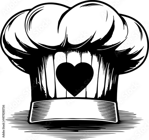A stylized black and white illustration of a tall chef's hat adorned with a prominent heart shape and a textured band, conveying a love for cooking.