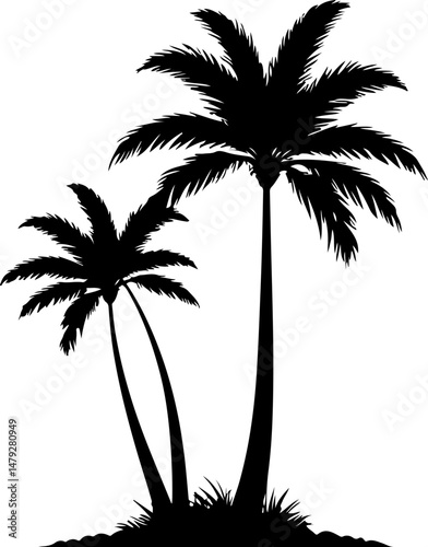 Two silhouetted palm trees, one tall and one shorter, stand against a stark white background, evoking a tropical, minimalist aesthetic.