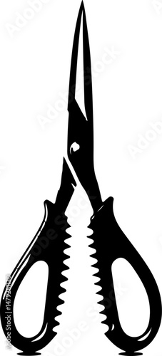 A bold black silhouette of open scissors with serrated edges on the blades and ergonomic handles, sharply defined against a stark white background.