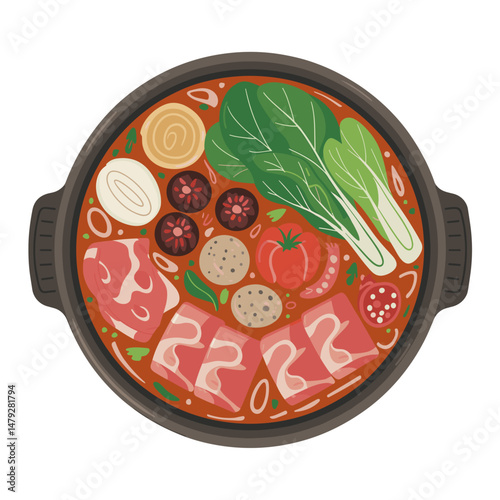 Sichuan Hot Pot with Meat, Vegetables, and Spicy Broth