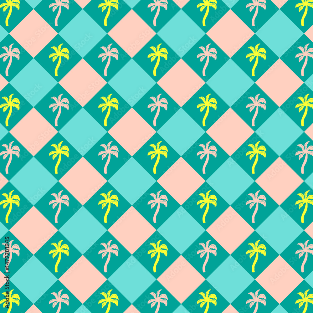 motif estival retro, palmiers colorés, arrière-plan quadrillé, fichier vectoriel