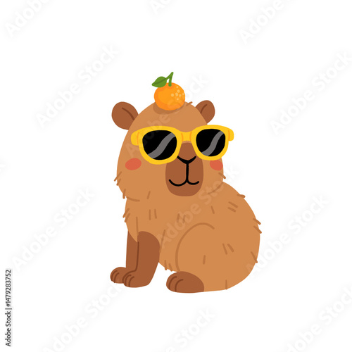 Cute capybara and citrus fruit. Cartoon funny rodent in sunglasses with tangerine or mandarin. Charming cute animal character. Vector illustration isolated on white background