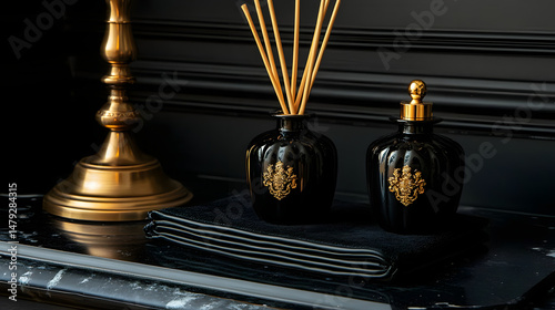 Obraz na płótnie Elegant Black & Gold Home Fragrance Diffuser w salonie