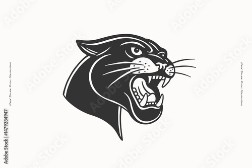 Black and white illustration of a fierce panther head in mid-roar, showcasing strength and aggression. Perfect for tattoos, logos.