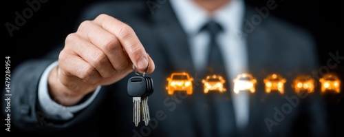 A man in a suit holds car keys with illuminated car icons in the background, symbolizing car sales, rental, or leasing. photo