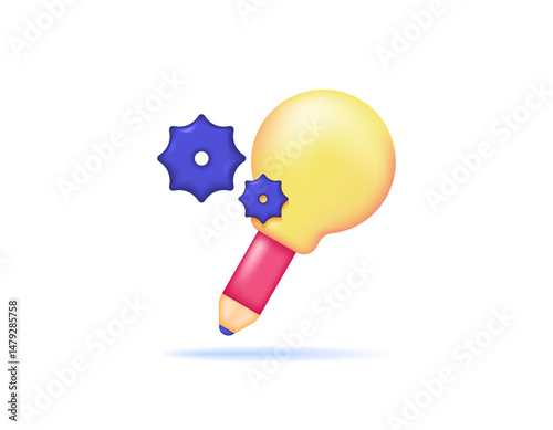 illustration of a pencil with light and gears. concept of creative and brilliant ideas. innovation process, writing creativity. copywriter and writer. symbol or icon. minimalist 3d style design