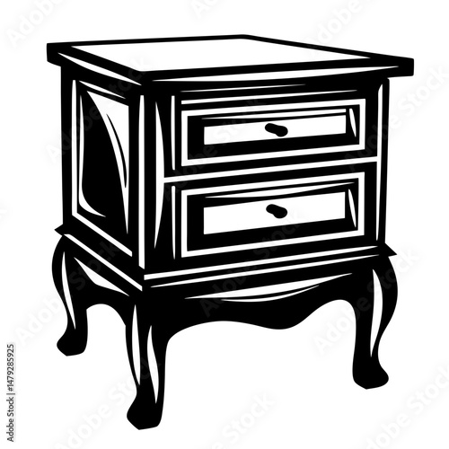Elegant antique nightstand with two drawers in high contrast black and white