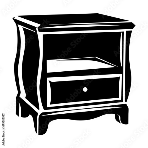 Stylized Black and White Illustration of a Bedside Table with Drawer