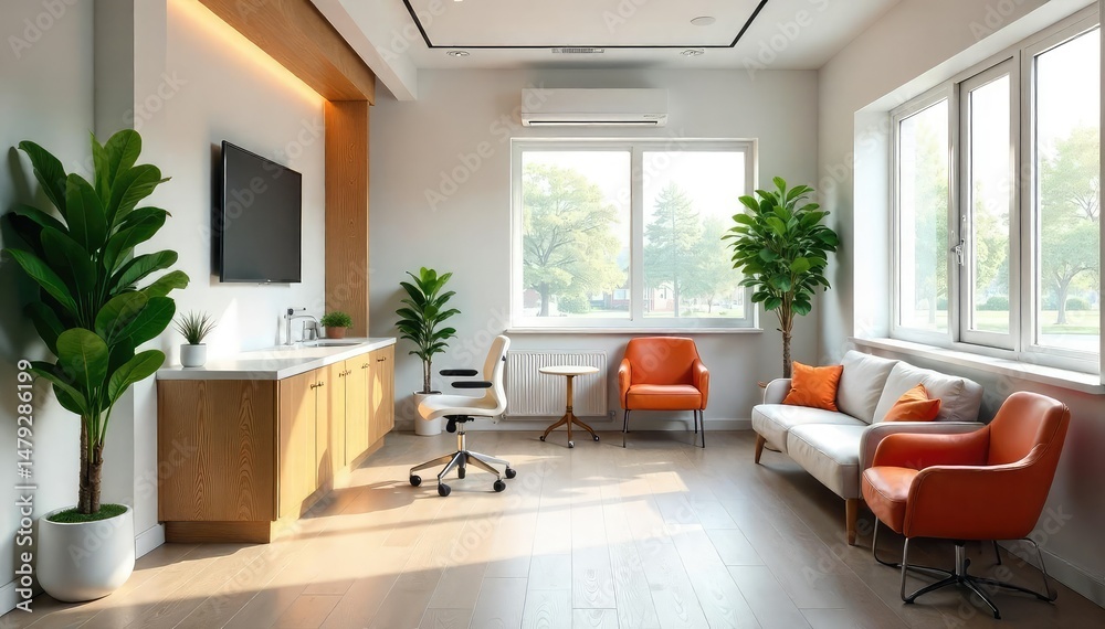 Fototapeta premium Clean, modern dentist office waiting room with comfortable seating and natural light , design, clinic, minimalist
