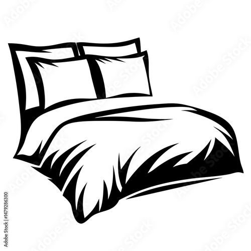 Black and white illustration of a stylish bed with two pillows